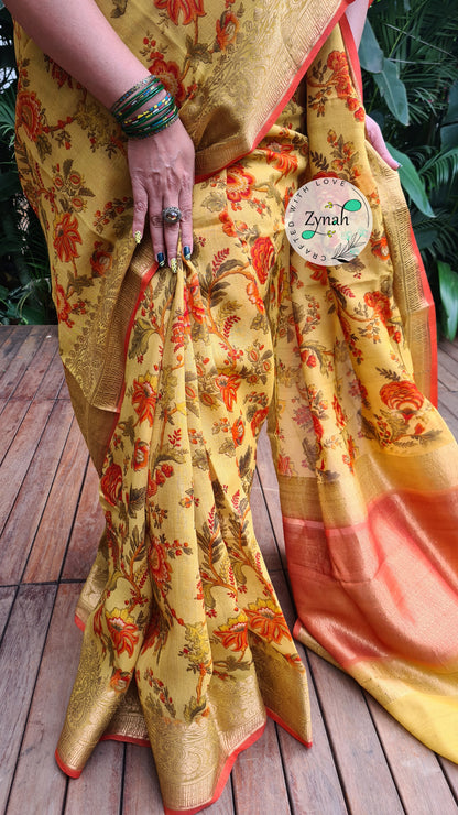 Zynah Pure Tussar Banarasi Silk Saree; Custom Stitched/Ready-made Blouse, Fall, Petticoat; Shipping available USA, Worldwide