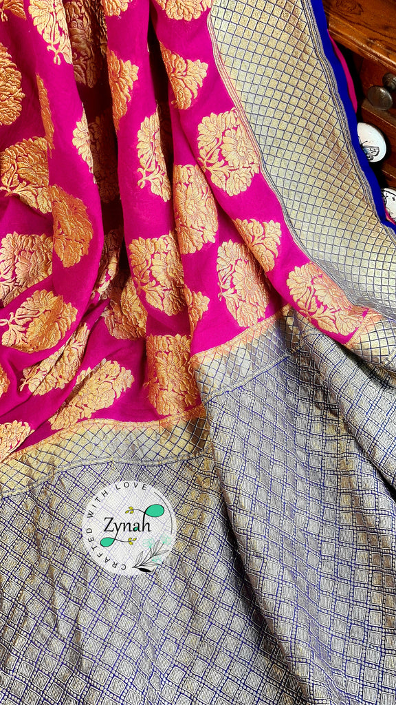 Zynah Pure Handloom Banarasi Khaddi Georgette Saree, Golden Zari Weave; Custom Stitched/Ready-made Blouse, Fall, Petticoat; Shipping available USA, Worldwide