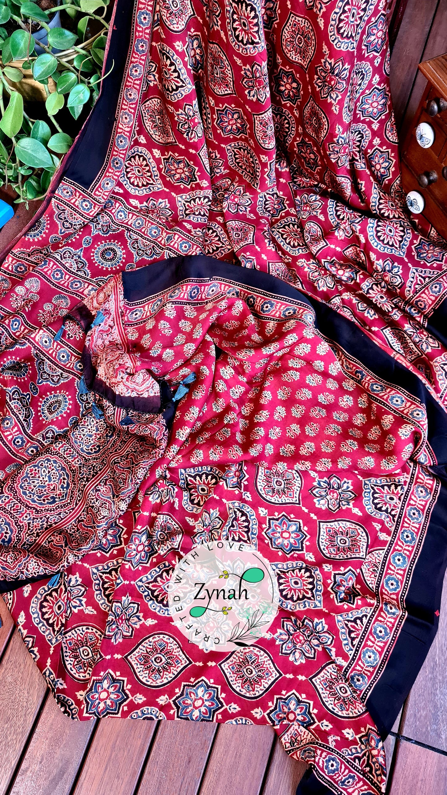 Zynah Pure Modal Silk Ajrakh Saree with Handblock Prints; Custom Stitched/Ready-made Blouse, Fall, Petticoat; Shipping available USA, Worldwide