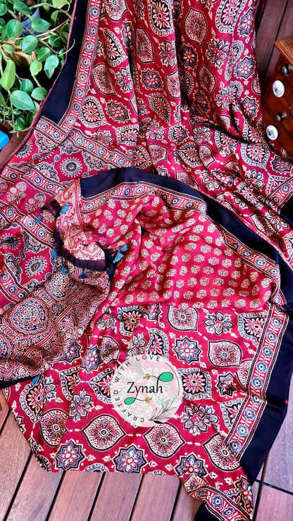 Zynah Pure Modal Silk Ajrakh Saree with Handblock Prints; Custom Stitched/Ready-made Blouse, Fall, Petticoat; Shipping available USA, Worldwide