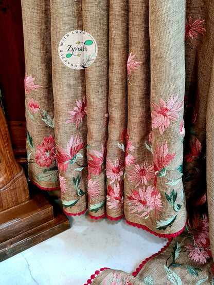 Zynah Pure Jute Muslin Embroidery Saree with Crochet lace; Custom Stitched/Ready-made Blouse, Fall, Petticoat; Shipping available USA, Worldwide