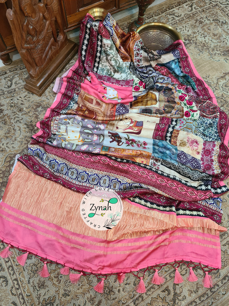 Zynah Pure Gajji Silk Pichwai Print Saree with tissue zari pallu; Custom Stitched/Ready-made Blouse, Fall, Petticoat; Shipping available USA, Worldwide