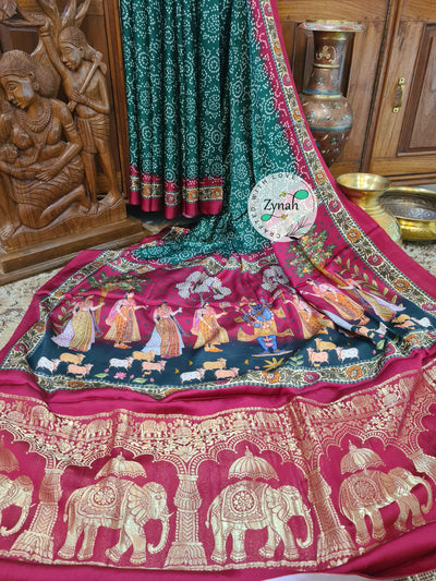 Zynah Pure Gajji Silk Saree with Bandhani & Pichwai Prints, Amdavadi Pallu; Custom Stitched/Ready-made Blouse, Fall, Petticoat; Shipping available USA, Worldwide