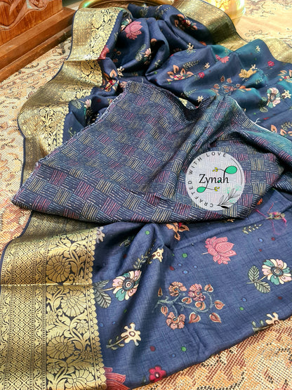 Zynah Pure Munga Silk Saree with Trendy prints & Zari Weave Border; Custom Stitched/Ready-made Blouse, Fall, Petticoat; Shipping available USA, Worldwide