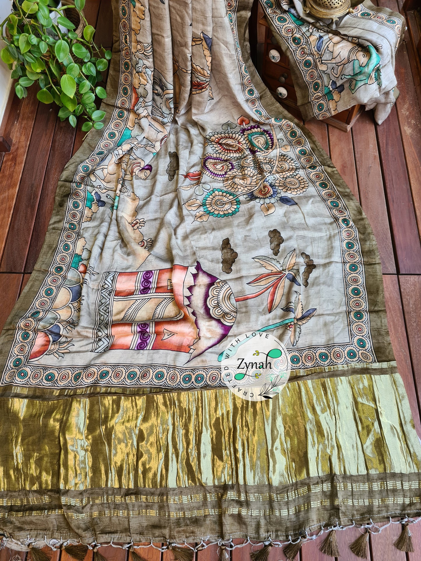 Zynah Pure Gajji Silk Tribal Kalamkari Printed Saree with Tissue Zari Pallu; Custom Stitched/Ready-made Blouse, Fall, Petticoat; Shipping available USA, Worldwide