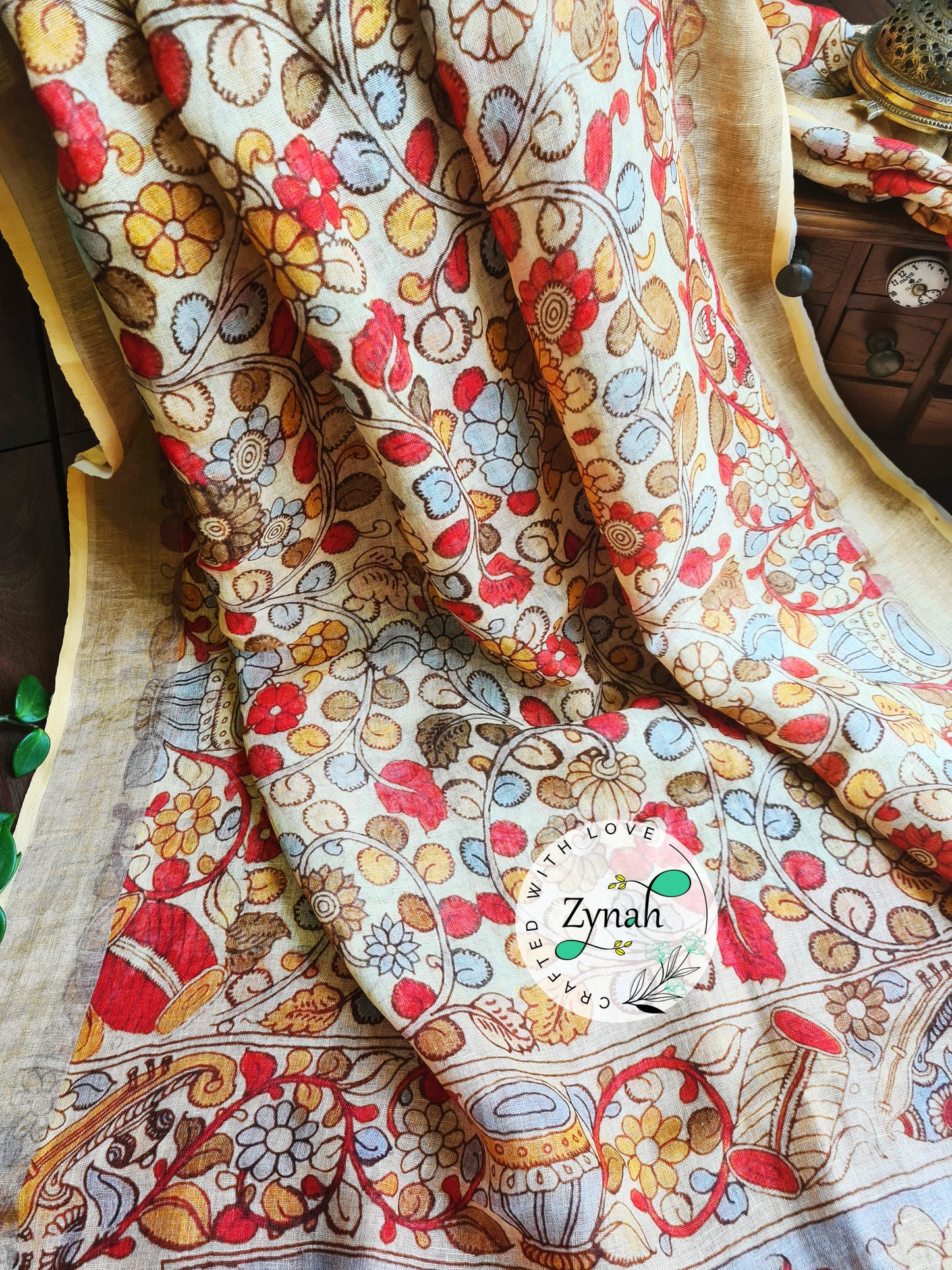 Zynah Kalamkari Organic Lab Tested 120 Count pure 'Linen by Linen' Saree; Custom Stitched/Ready-made Blouse, Fall, Petticoat; Shipping available USA, Worldwide