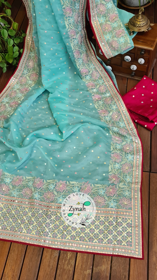 Zynah Pure Organza Silk Saree with Foil Mirror Work & Thread Embroidery; Custom Stitched/Ready-made Blouse, Fall, Petticoat; Shipping available USA, Worldwide