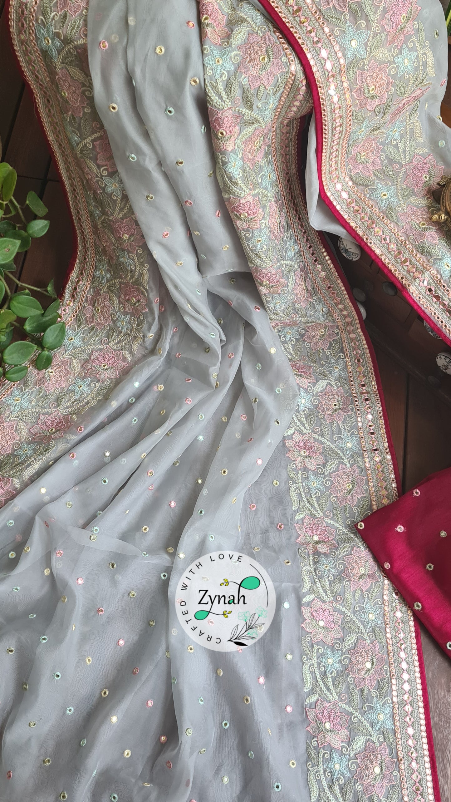 Zynah Pure Organza Silk Saree with Foil Mirror Work & Thread Embroidery; Custom Stitched/Ready-made Blouse, Fall, Petticoat; Shipping available USA, Worldwide