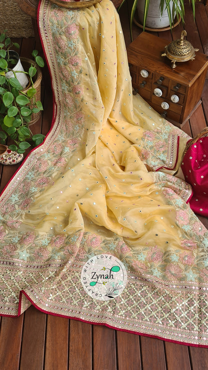 Zynah Pure Organza Silk Saree with Foil Mirror Work & Thread Embroidery; Custom Stitched/Ready-made Blouse, Fall, Petticoat; Shipping available USA, Worldwide