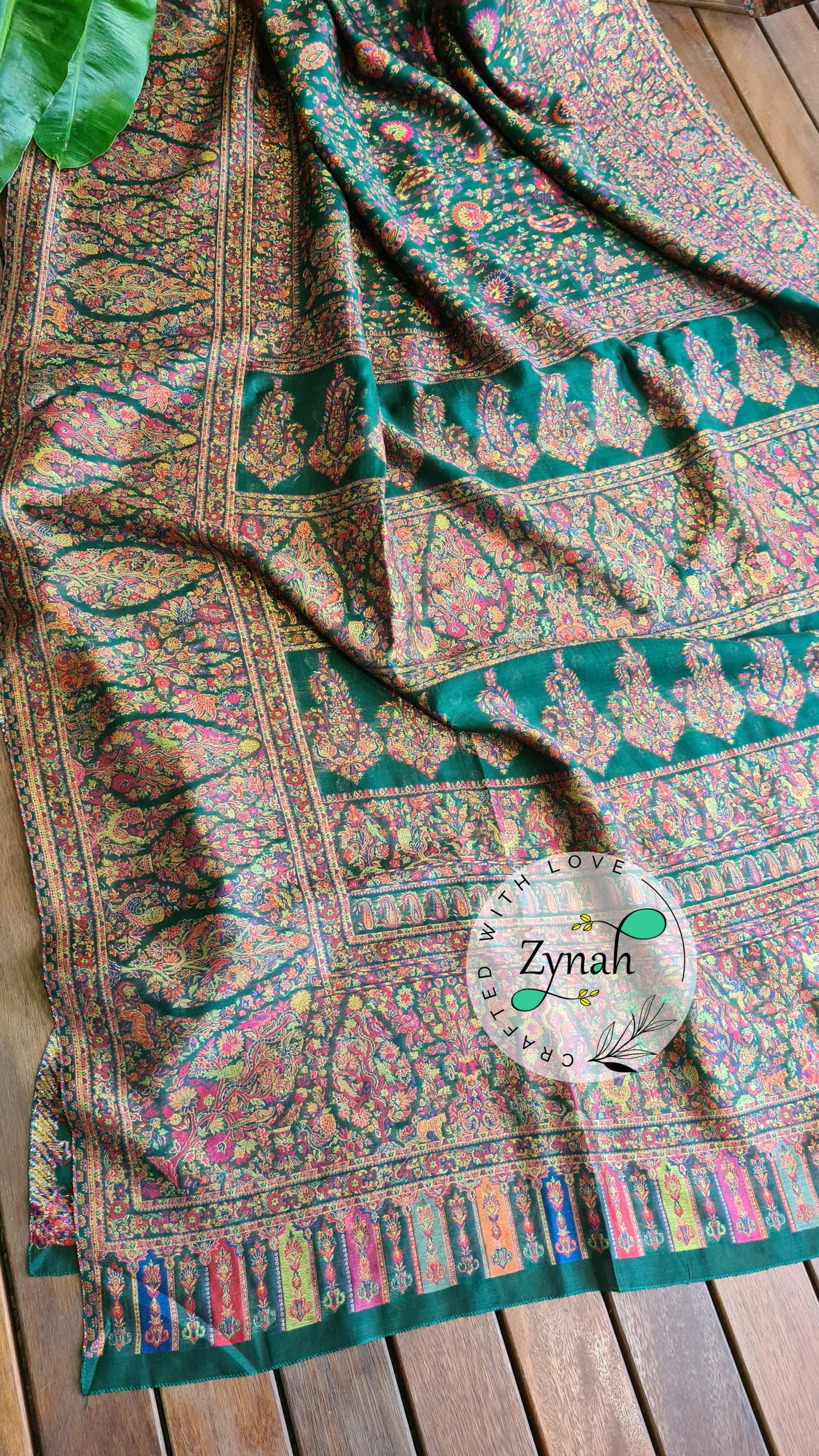 Zynah Green Kashmiri Pure Kani Silk Jamavar Saree | Kashmiri Traditional Pashmina Pure Silk Kani Saree; Custom Stitched/Ready-made Blouse, Fall, Petticoat; SKU: 0903202206