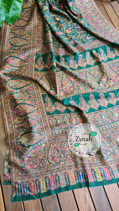 Zynah Green Kashmiri Pure Kani Silk Jamavar Saree | Kashmiri Traditional Pashmina Pure Silk Kani Saree; Custom Stitched/Ready-made Blouse, Fall, Petticoat; SKU: 0903202206