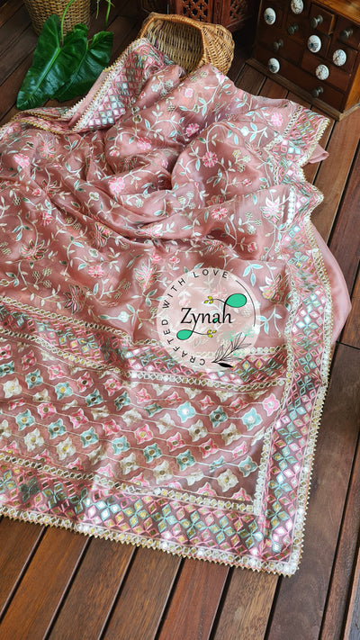 Zynah Pure Organza Silk Saree with Gotapatti Lace, Foil & Thread Embroidery Work; Custom Stitched/Ready-made Blouse, Fall, Petticoat; Shipping available USA, Worldwide
