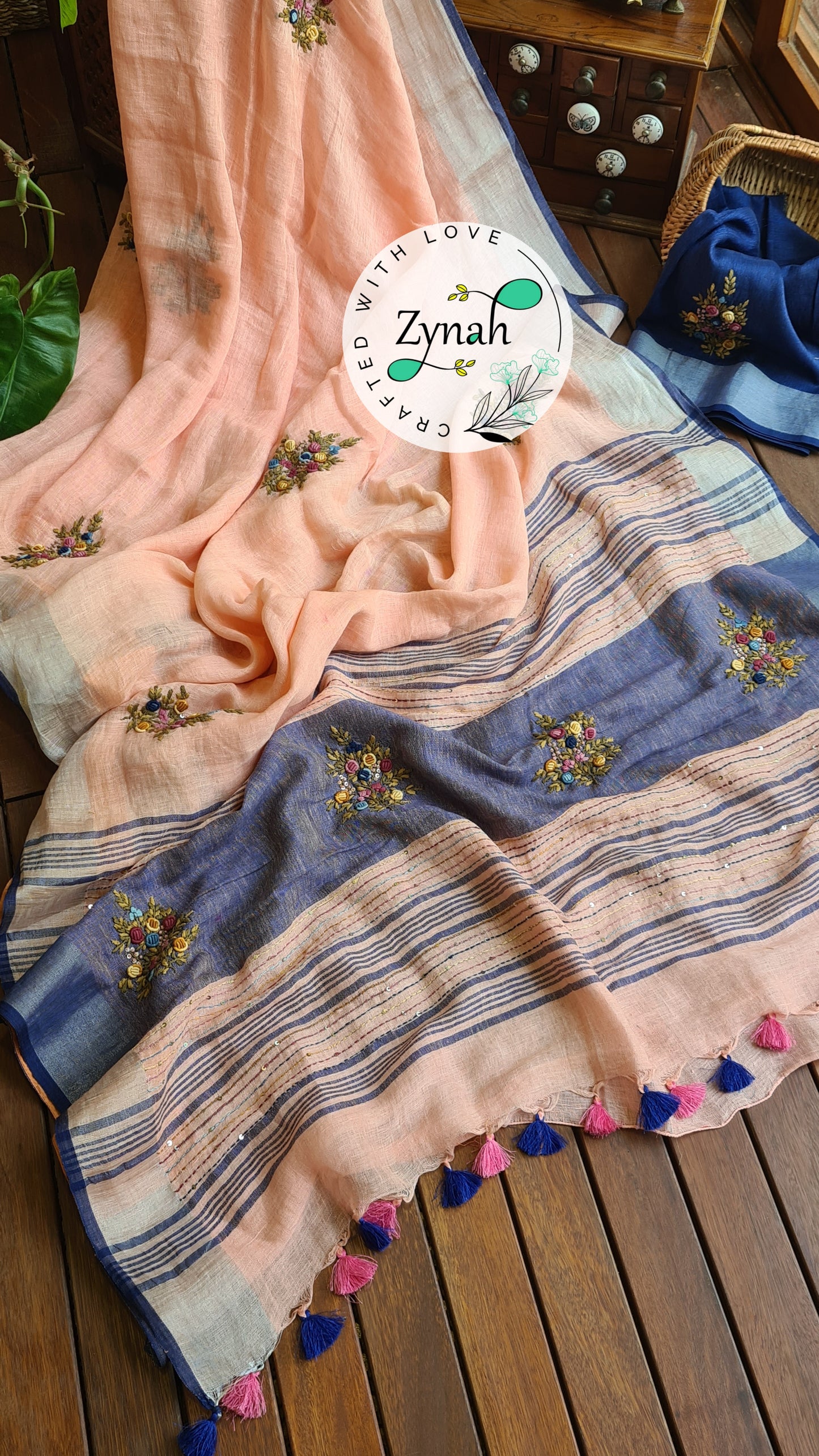 Zynah Pure Linen(120c) Handcrafted Saree with French Knot Hand Embroidery; Custom Stitched/Ready-made Blouse, Fall, Petticoat; Shipping available USA, Worldwide