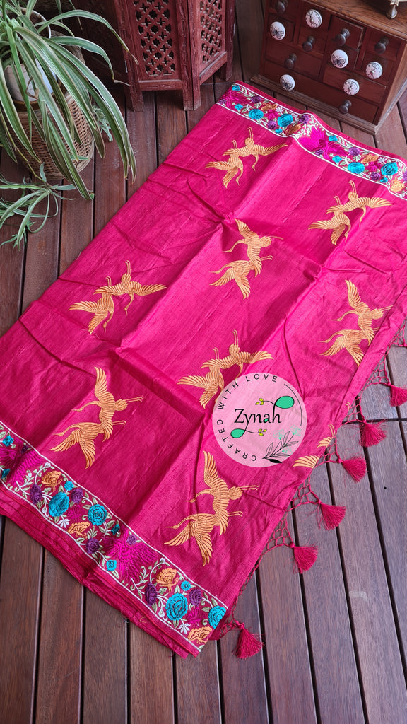 Zynah Pure Tussar Silk Parsi work Inspired Saree, Flamingo Bird Motifs; Custom Stitched/Ready-made Blouse, Fall, Petticoat; Shipping available USA, Worldwide