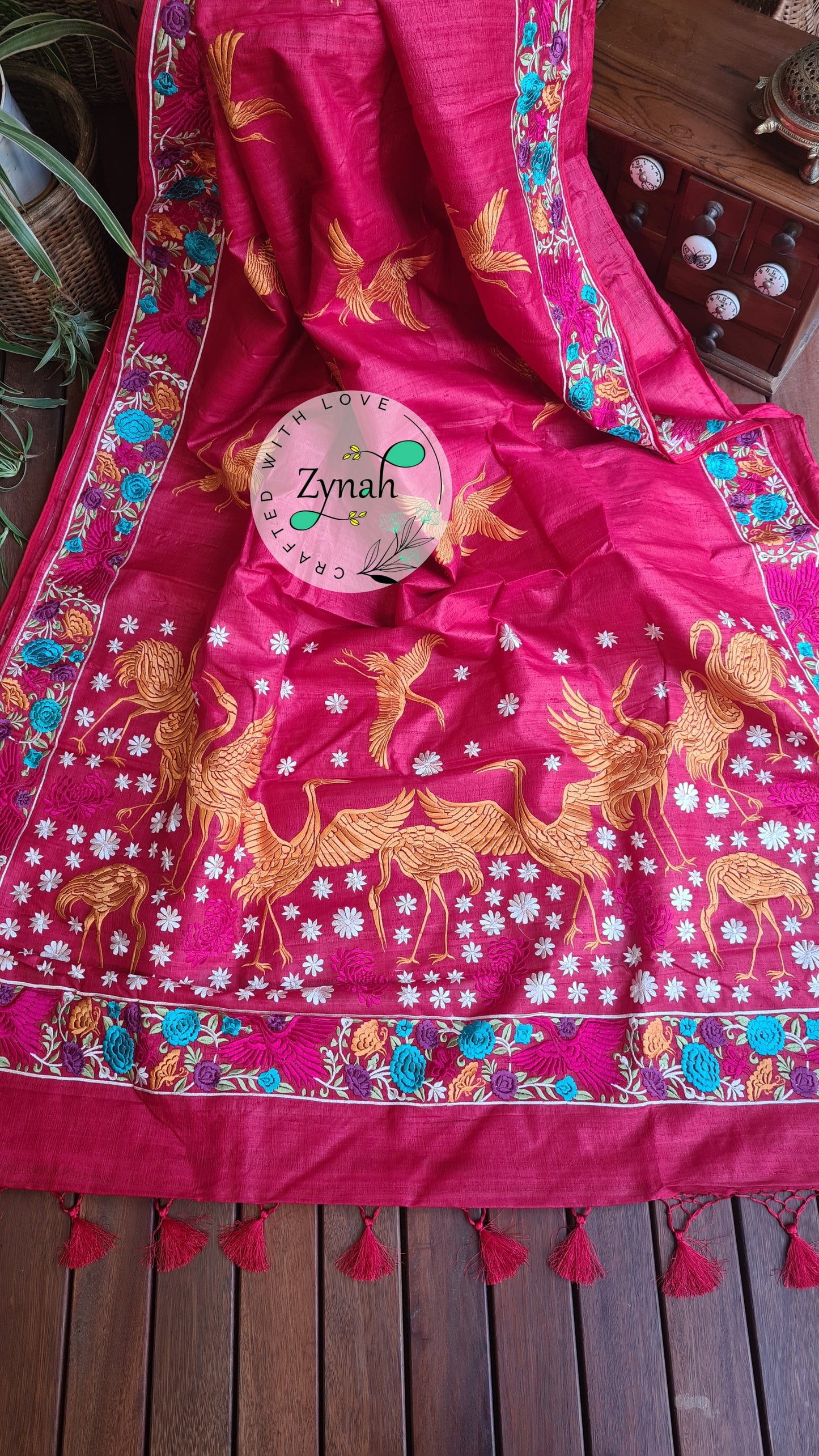 Zynah Pure Tussar Silk Parsi work Inspired Saree, Flamingo Bird Motifs; Custom Stitched/Ready-made Blouse, Fall, Petticoat; Shipping available USA, Worldwide