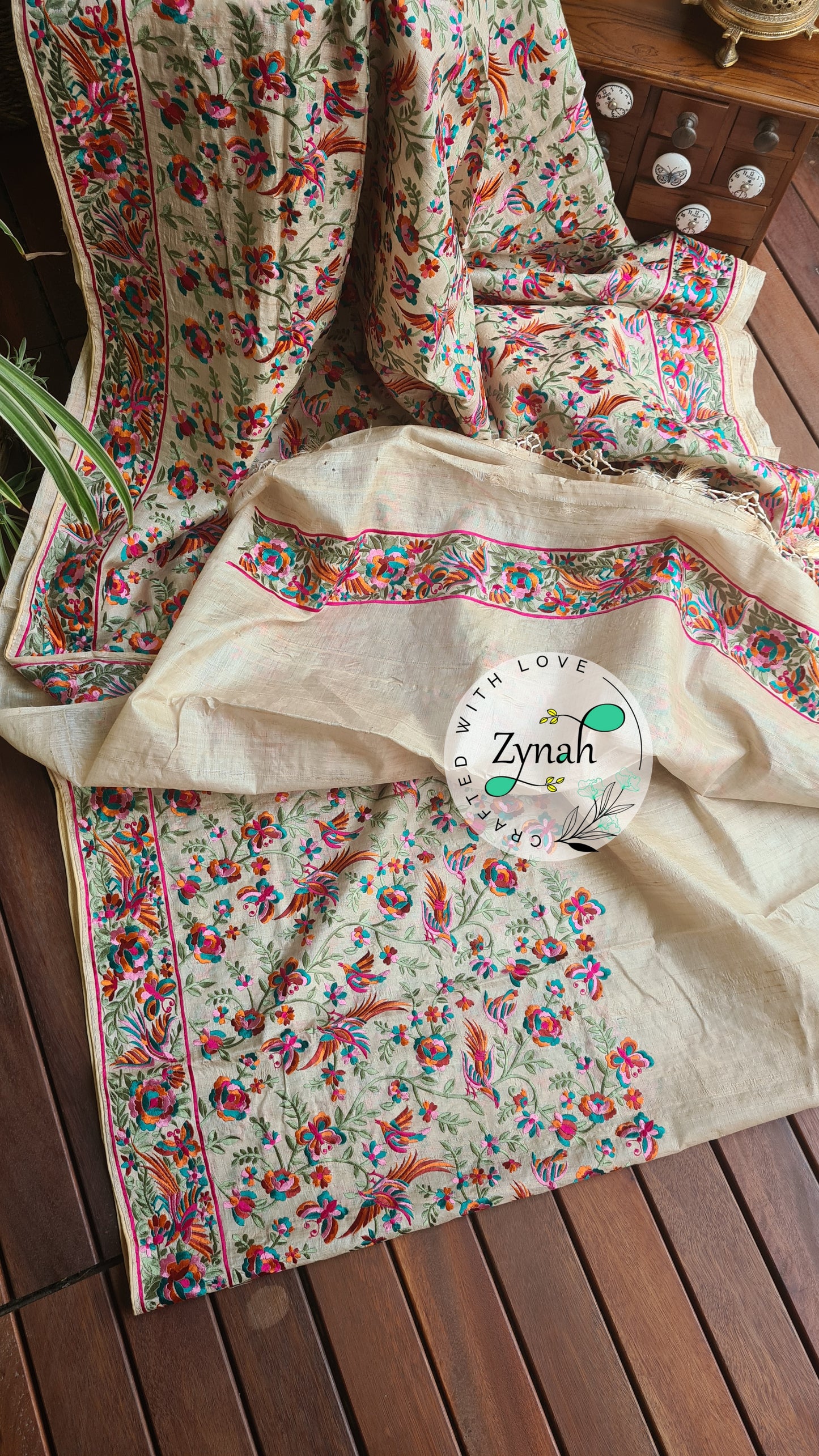 Zynah Pure Tussar Silk Parsi work Inspired Saree, Flamingo Bird Motifs; Custom Stitched/Ready-made Blouse, Fall, Petticoat; Shipping available USA, Worldwide