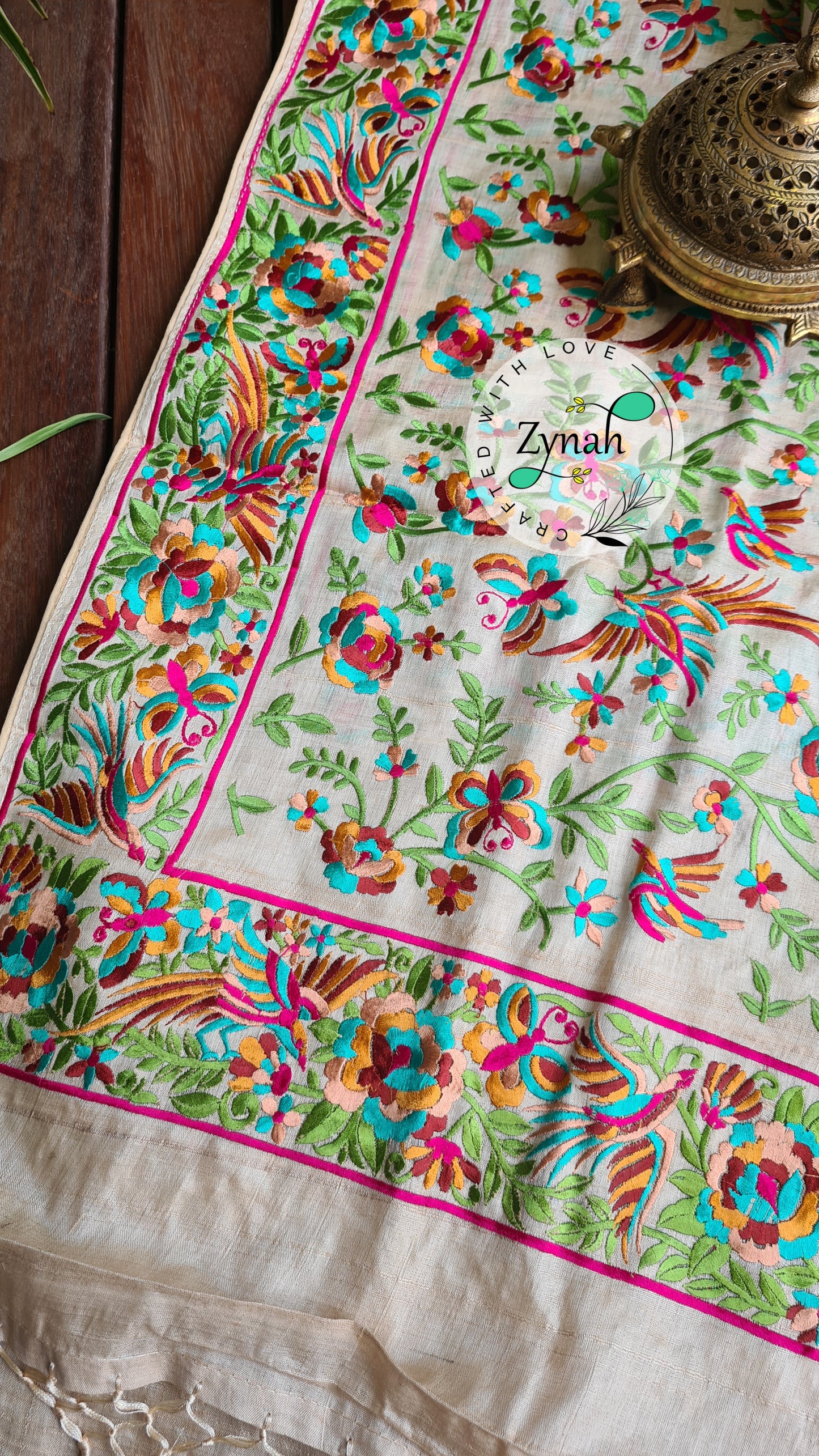 Zynah Pure Tussar Silk Parsi work Inspired Saree, Flamingo Bird Motifs; Custom Stitched/Ready-made Blouse, Fall, Petticoat; Shipping available USA, Worldwide