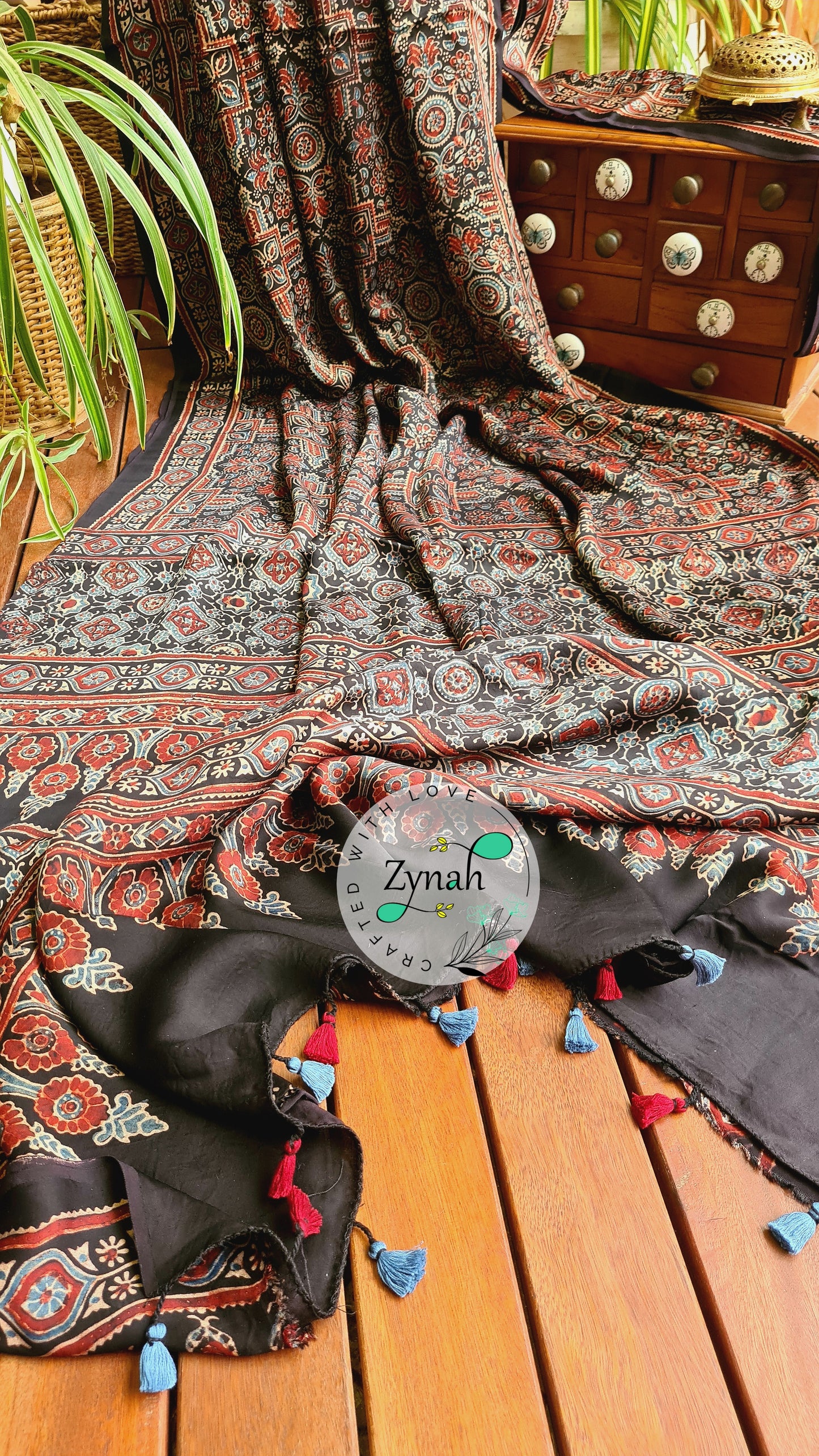 Zynah Pure Modal Silk Ajrakh Saree with Handblock Prints; Custom Stitched/Ready-made Blouse, Fall, Petticoat; Shipping available USA, Worldwide