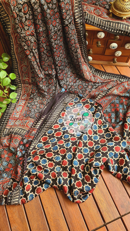 Zynah Pure Modal Silk Ajrakh Saree with Handblock Prints; Custom Stitched/Ready-made Blouse, Fall, Petticoat; Shipping available USA, Worldwide
