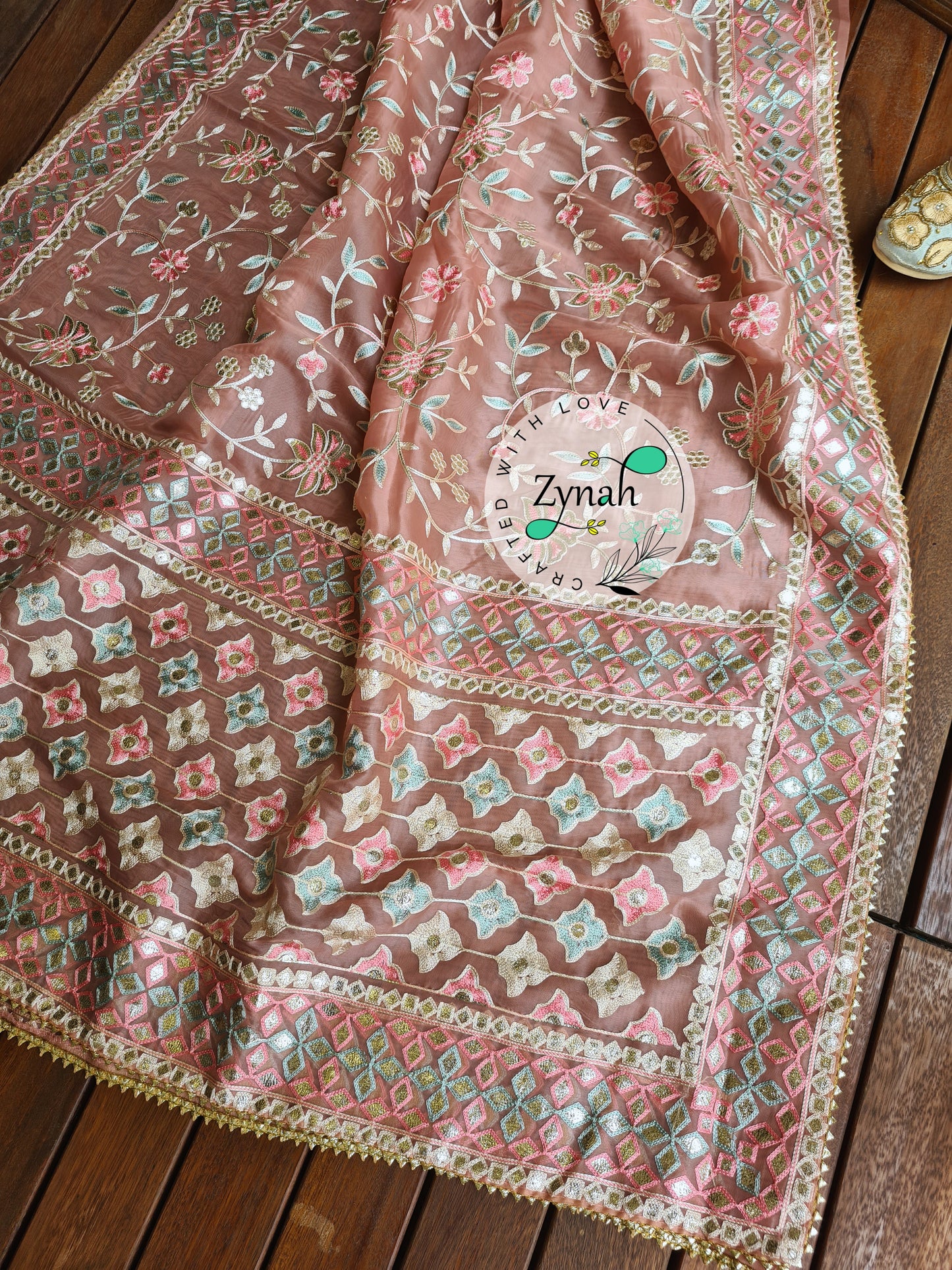 Zynah Pure Organza Silk Saree with Gotapatti Lace, Foil & Thread Embroidery Work; Custom Stitched/Ready-made Blouse, Fall, Petticoat; Shipping available USA, Worldwide