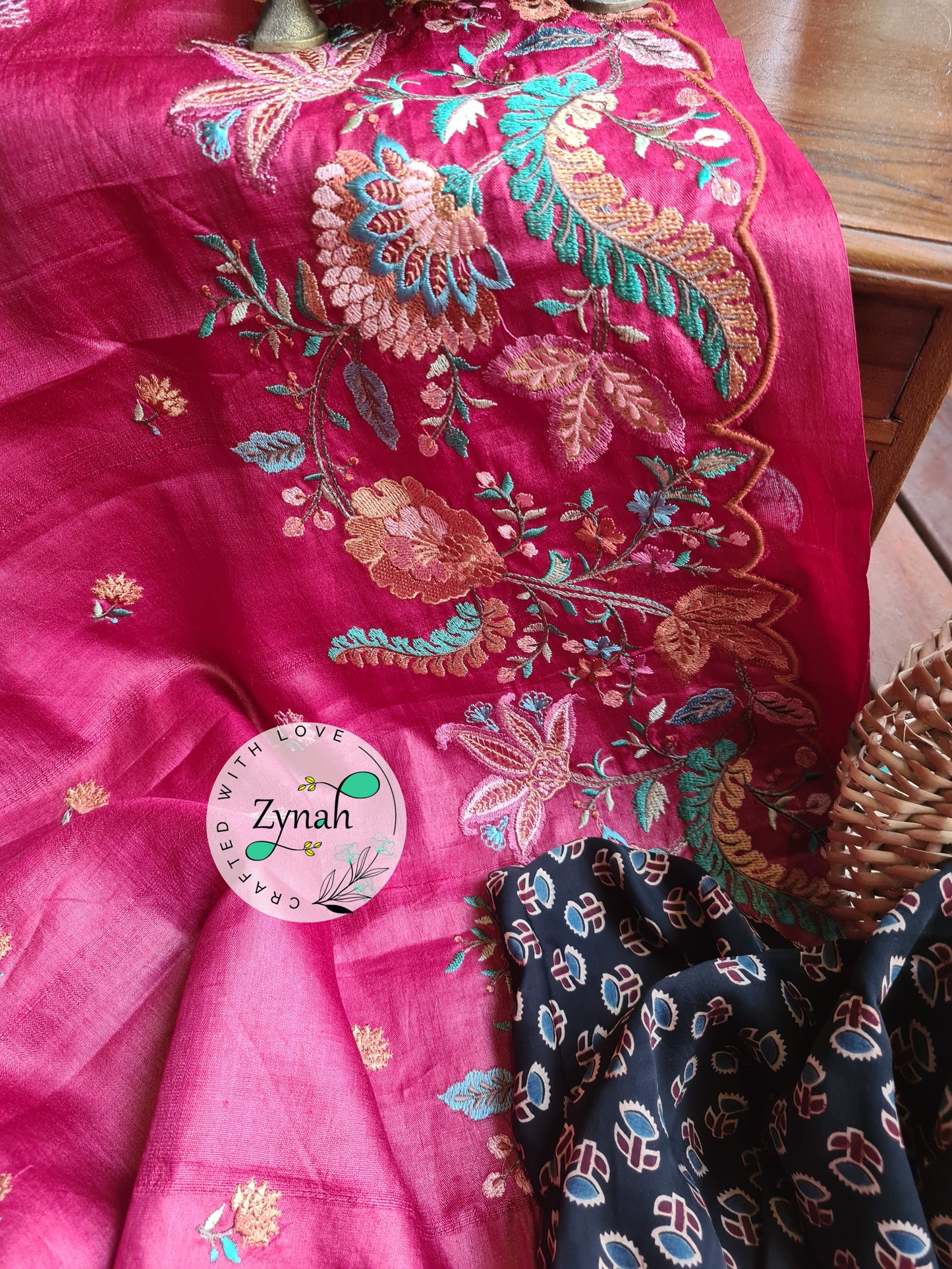 Zynah Pure Tussar Silk Embroidered Saree with Scalloped Border & 2 blouse pieces; Custom Stitched/Ready-made Blouse, Fall, Petticoat; Shipping available USA, Worldwide