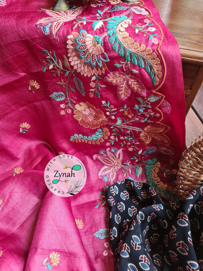 Zynah Pure Tussar Silk Embroidered Saree with Scalloped Border & 2 blouse pieces; Custom Stitched/Ready-made Blouse, Fall, Petticoat; Shipping available USA, Worldwide