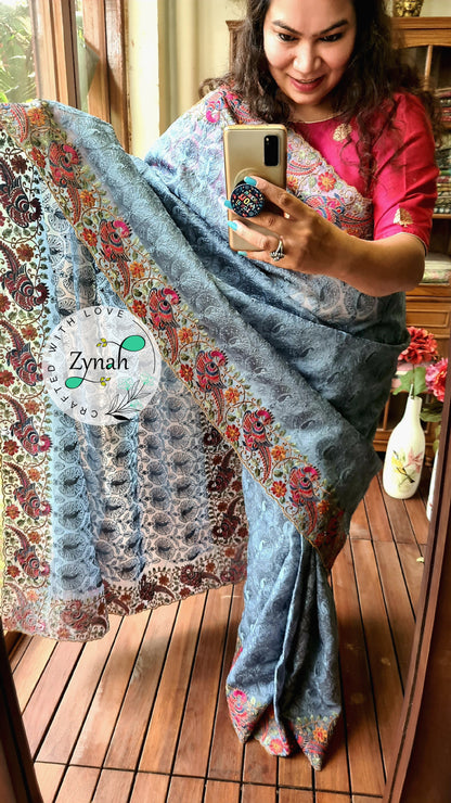 Zynah Designer Pure Kora Silk Saree with Scalloped Border & Thread Embroidery; Custom Stitched/Ready-made Blouse, Fall, Petticoat; Shipping available USA, Worldwide