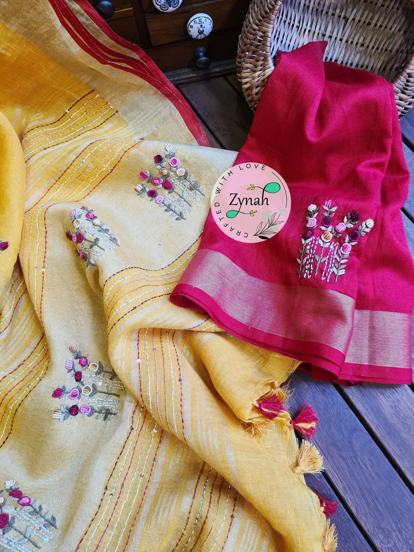 Zynah Pure Linen(120c) Handcrafted Saree with French Knot Hand Embroidery; Custom Stitched/Ready-made Blouse, Fall, Petticoat; Shipping available USA, Worldwide