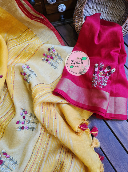 Zynah Pure Linen(120c) Handcrafted Saree with French Knot Hand Embroidery; Custom Stitched/Ready-made Blouse, Fall, Petticoat; Shipping available USA, Worldwide