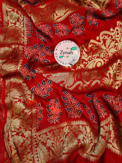 Zynah Pure Munga Silk Saree with Ajrakh Prints & Gharchola Zari Weave; Custom Stitched/Ready-made Blouse, Fall, Petticoat; Shipping available USA, Worldwide