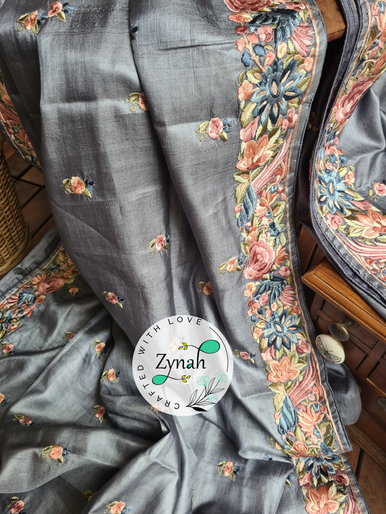 Zynah Grey Color Pure Handwoven Tussar Silk Parsi Gara Inspired Resham Thread Embroidery Saree; Custom Stitched/Ready-made Blouse, Fall, Petticoat; Shipping available USA, Worldwide