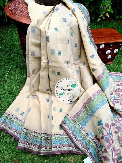 Zynah Off-white Color Pure Handspun Cotton Saree with Zari Weave Border; Custom Stitched/Ready-made Blouse, Fall, Petticoat; Shipping available USA, Worldwide