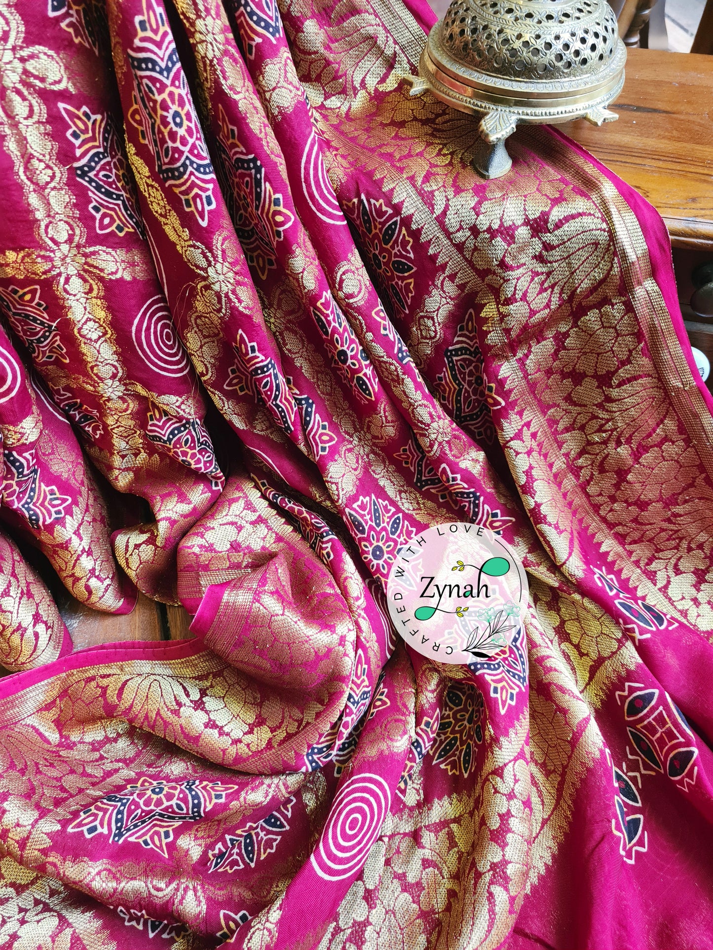 Zynah Pure Munga Silk Saree with Ajrakh Prints & Gharchola Zari Weave; Custom Stitched/Ready-made Blouse, Fall, Petticoat; Shipping available USA, Worldwide