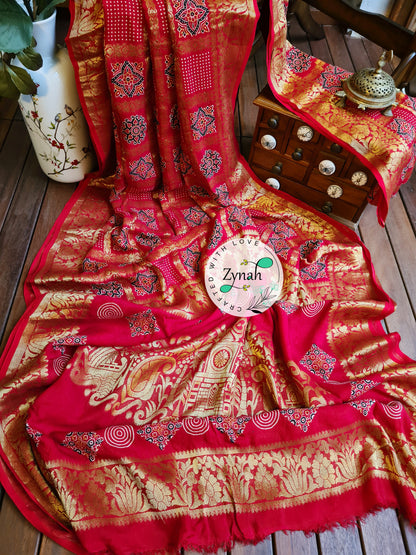Zynah Pure Munga Silk Saree with Ajrakh Prints & Gharchola Zari Weave; Custom Stitched/Ready-made Blouse, Fall, Petticoat; Shipping available USA, Worldwide