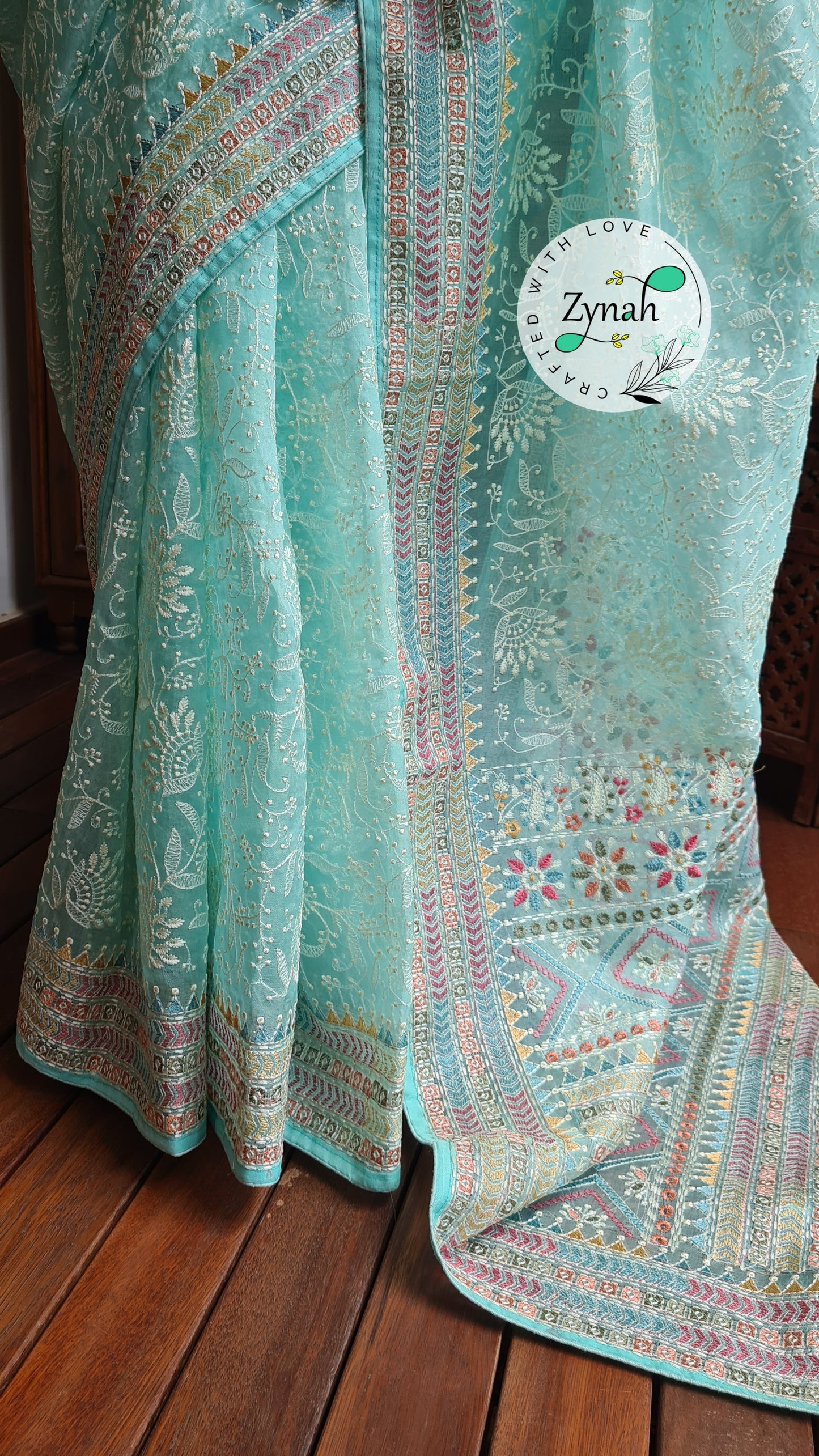 Zynah Powder Blue Color Pure Organza Silk Saree with Kantha Stitch & Chikankari Inspired Embroidery; Custom Stitched/Ready-made Blouse, Fall, Petticoat; Shipping available USA, Worldwide