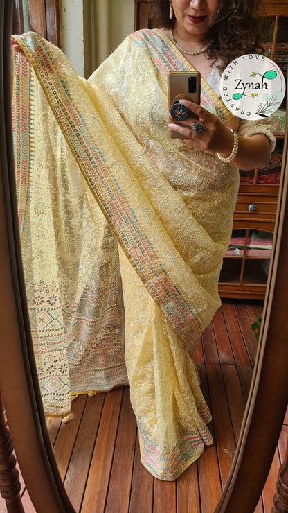 Zynah Butterscotch Yellow Color Pure Organza Silk Saree with Kantha Style Embroidery; Custom Stitched/Ready-made Blouse, Fall, Petticoat; Shipping available USA, Worldwide