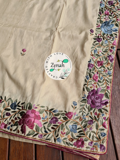 Zynah Made To Order Beige Color Pure Tussar Silk Parsi Gara Handcrafted Saree; Custom Stitched/Ready-made Blouse, Fall, Petticoat; Shipping available USA, Worldwide