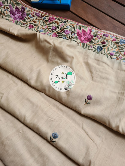 Zynah Made To Order Beige Color Pure Tussar Silk Parsi Gara Handcrafted Saree; Custom Stitched/Ready-made Blouse, Fall, Petticoat; Shipping available USA, Worldwide
