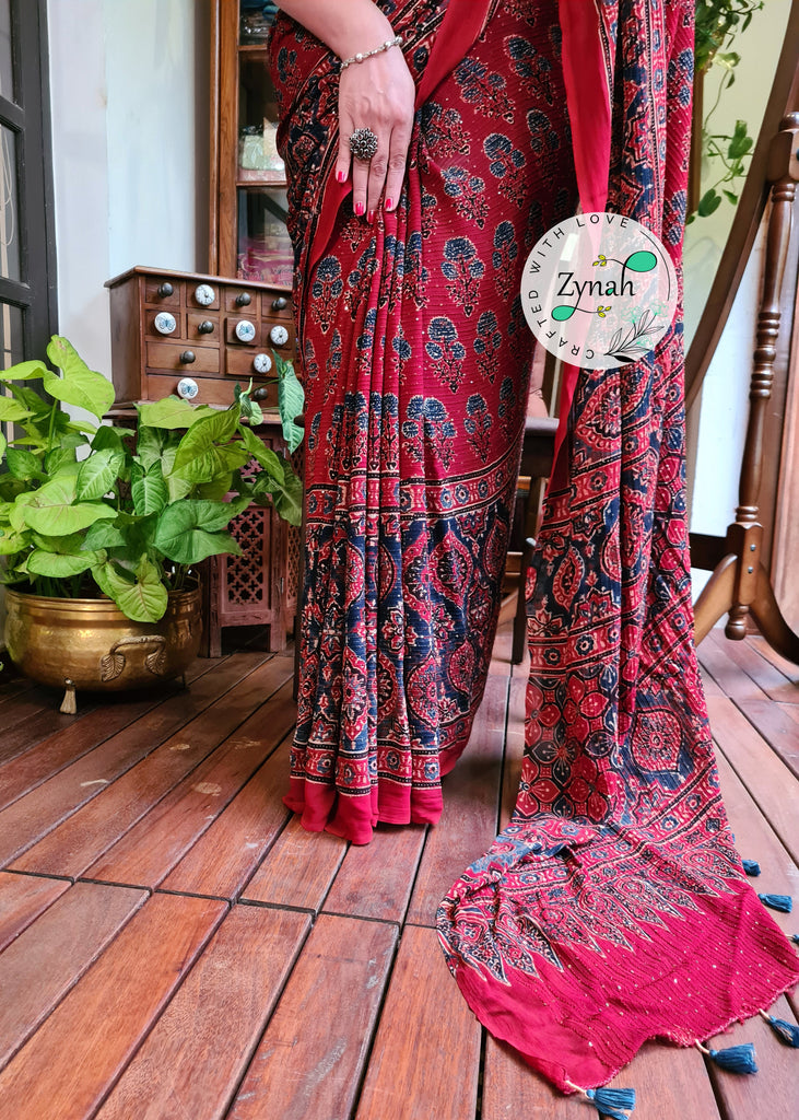 Zynah Red Color Pure Georgette Sequence Work Saree with Ajrakh Handblock Prints; Custom Stitched/Ready-made Blouse, Fall, Petticoat; Shipping available USA, Worldwide