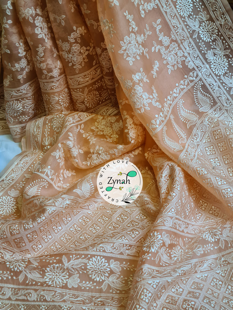 Zynah Peach Color Pure Organza Chikankari Saree in Pastel Shade; Custom Stitched/Ready-made Blouse, Fall, Petticoat; Shipping available USA, Worldwide