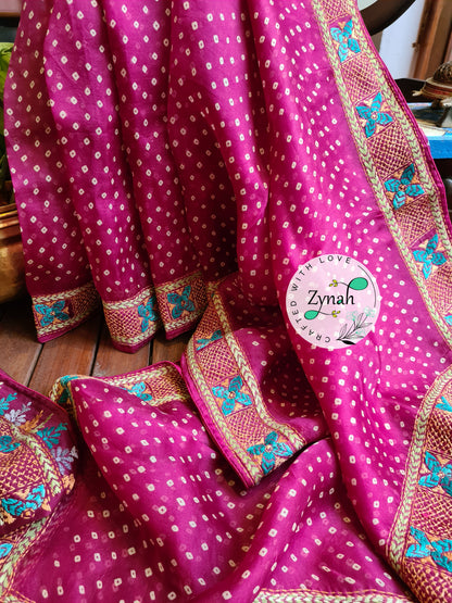 Zynah Pink Color Pure Organza Silk Saree with Bandhani Prints & Kantha Embroidery; Custom Stitched/Ready-made Blouse, Fall, Petticoat; Shipping available USA, Worldwide