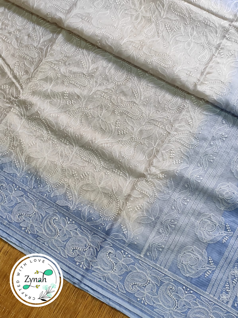 Zynah Off-White & Blue Color Pure Tussar Kota Silk Saree with Heavy Chikankari Embroidery; Custom Stitched/Ready-made Blouse, Fall, Petticoat; Shipping available USA, Worldwide