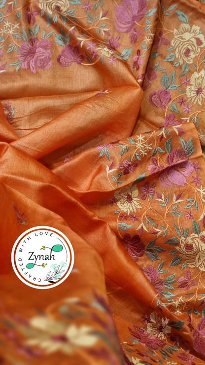 Zynah Orange Color Pure Tussar Silk Embroidered Saree with Vibrant Tassels; Custom Stitched/Ready-made Blouse, Fall, Petticoat; Shipping available USA, Worldwide