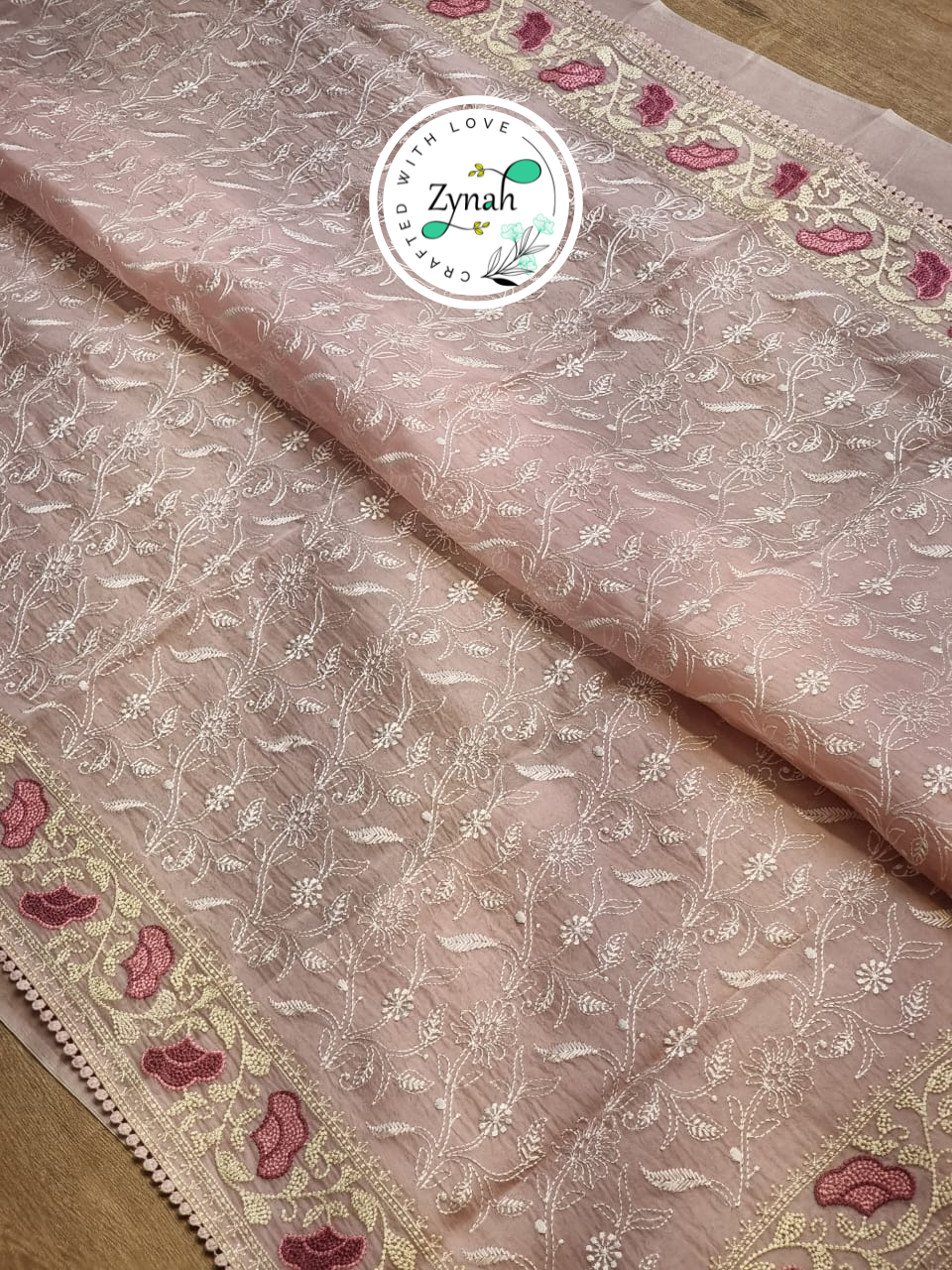 Zynah Peach Color Pure Organza Silk Chikankari  Embroidery Saree with Crochet Lace  in Pastel Shades; Available in many colors; stitched readymade blouse,fall,petticoat,available in USA