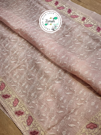 Zynah Peach Color Pure Organza Silk Chikankari  Embroidery Saree with Crochet Lace  in Pastel Shades; Available in many colors; stitched readymade blouse,fall,petticoat,available in USA
