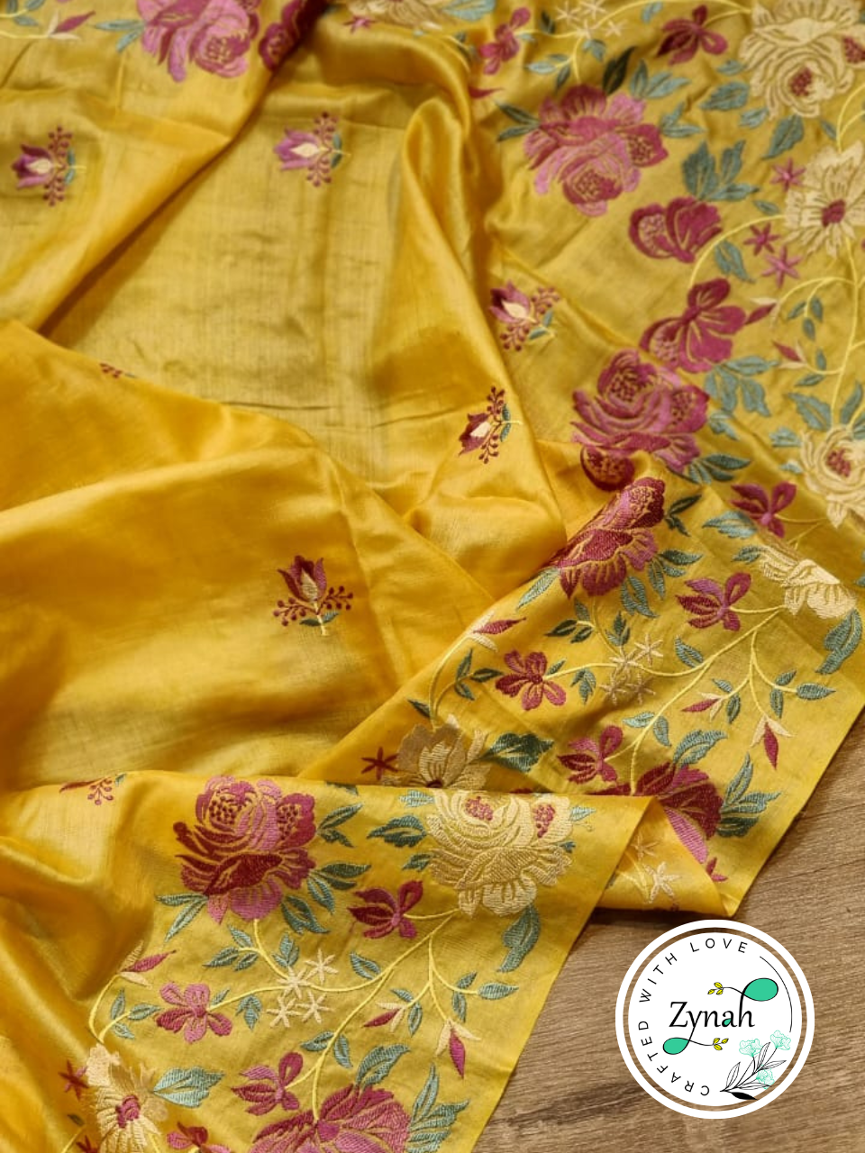 Zynah Yellow Color Pure Tussar Silk Embroidered Saree with Vibrant Tassels; Custom Stitched/Ready-made Blouse, Fall, Petticoat; Shipping available USA, Worldwide