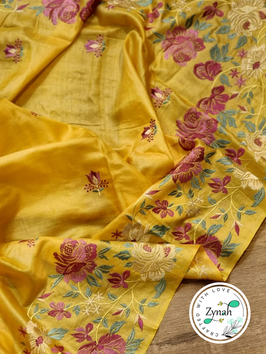 Zynah Yellow Color Pure Tussar Silk Embroidered Saree with Vibrant Tassels; Custom Stitched/Ready-made Blouse, Fall, Petticoat; Shipping available USA, Worldwide
