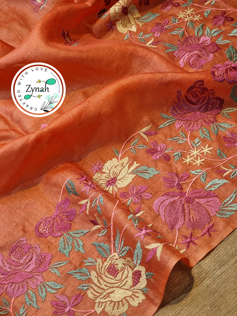 Zynah Pink Color Pure Tussar Silk Embroidered Saree with Vibrant Tassels; Custom Stitched/Ready-made Blouse, Fall, Petticoat; Shipping available USA, Worldwide