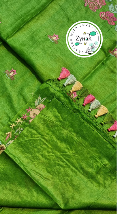 Zynah Green Color Pure Tussar Silk Embroidered Saree with Vibrant Tassels; Custom Stitched/Ready-made Blouse, Fall, Petticoat; Shipping available USA, Worldwide