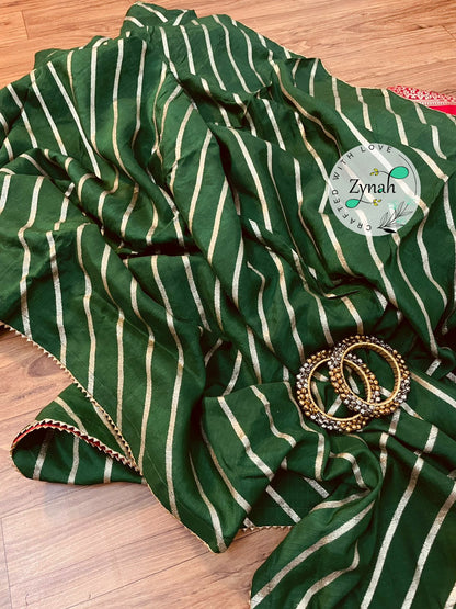 Zynah Pure Munga Silk Saree with Diagonal Stripes, Lehariya Style Weaving & Lace Border; Custom Stitched/Ready-made Blouse, Fall, Petticoat; Shipping available USA, Worldwide